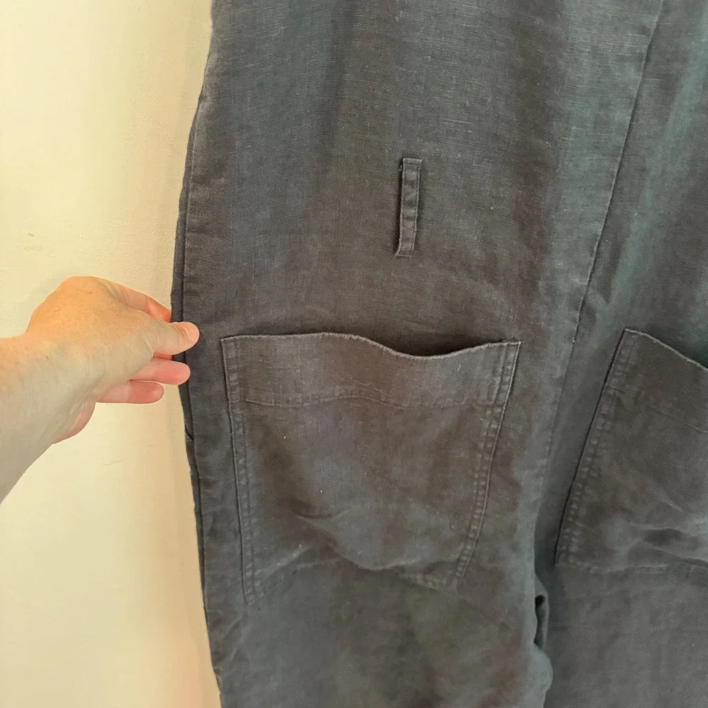 Banana Republic Black 100% Linen Wide Leg Jumpsuit Petite 12‎ Scoop Neck Pockets